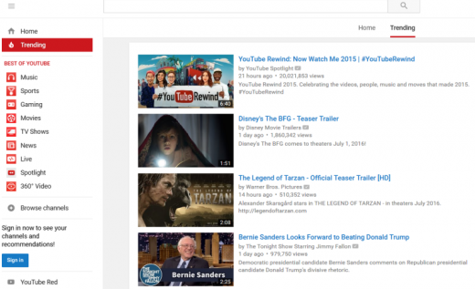 YouTube’s New Trending Tab shows movies As They Go Viral