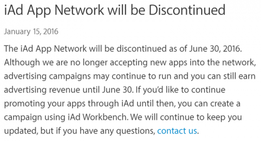 Apple iAd’s App Network Shutting Down
