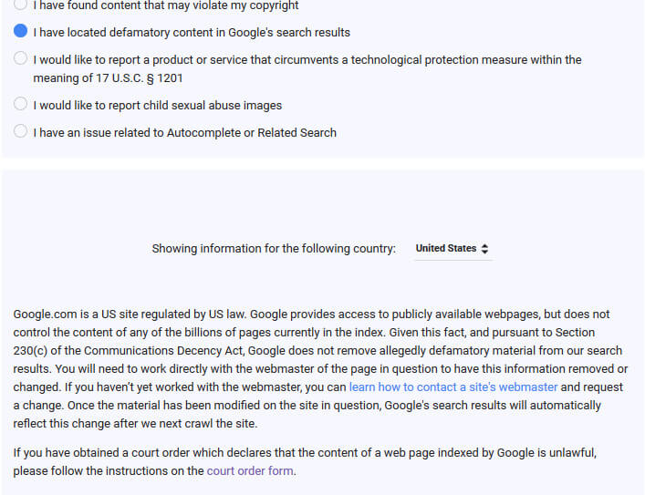 Google Defamatory Content Removal Request Form