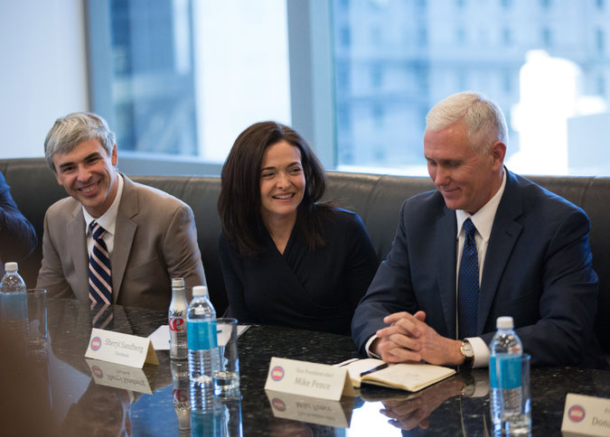 From left, Larry Page of Alphabet, Sheryl Sandberg of Facebook and Mike Pence at a meeting between Mr. Trump’s team and tech company executives in December. Some tech companies are in a similar predicament to Google, with a perception that they lean left, and are now pledging to work with Mr. Trump