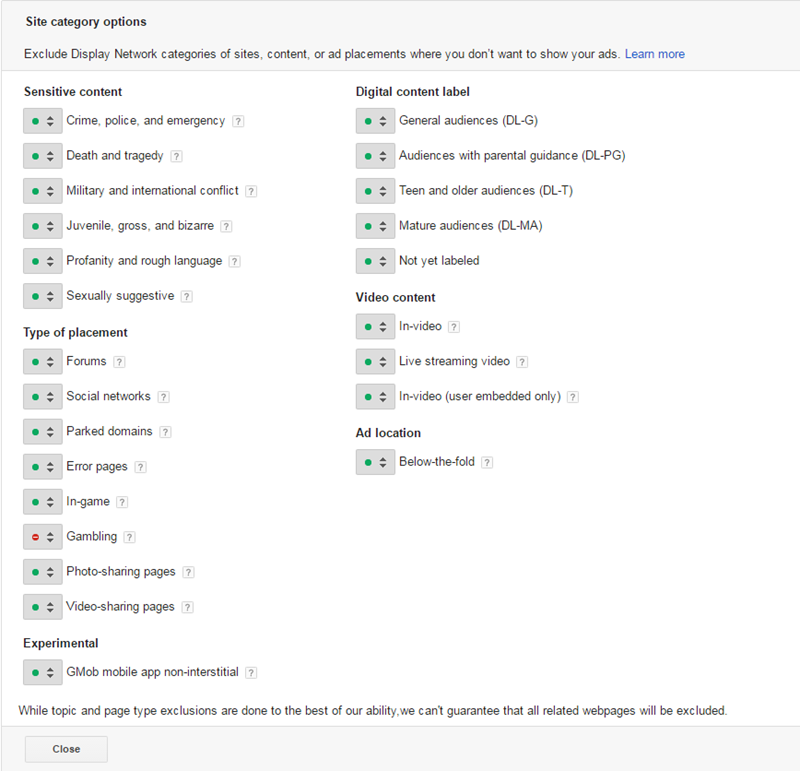 display network site category exclusions