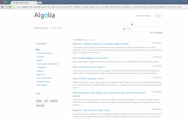 Google site search is on the way out. Now what? Algolia Running on Zendesk Screenshot