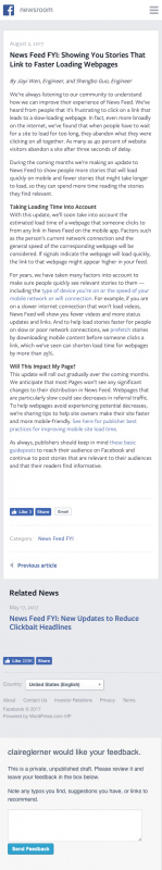 Facebook will rank links to slow-loading pages lower in people’s news feeds