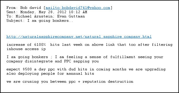 Threatening note from extortionist harasser that attacked The Natural Sapphire Company with fraudulent PPC ad clicks | DeviceDaily.com