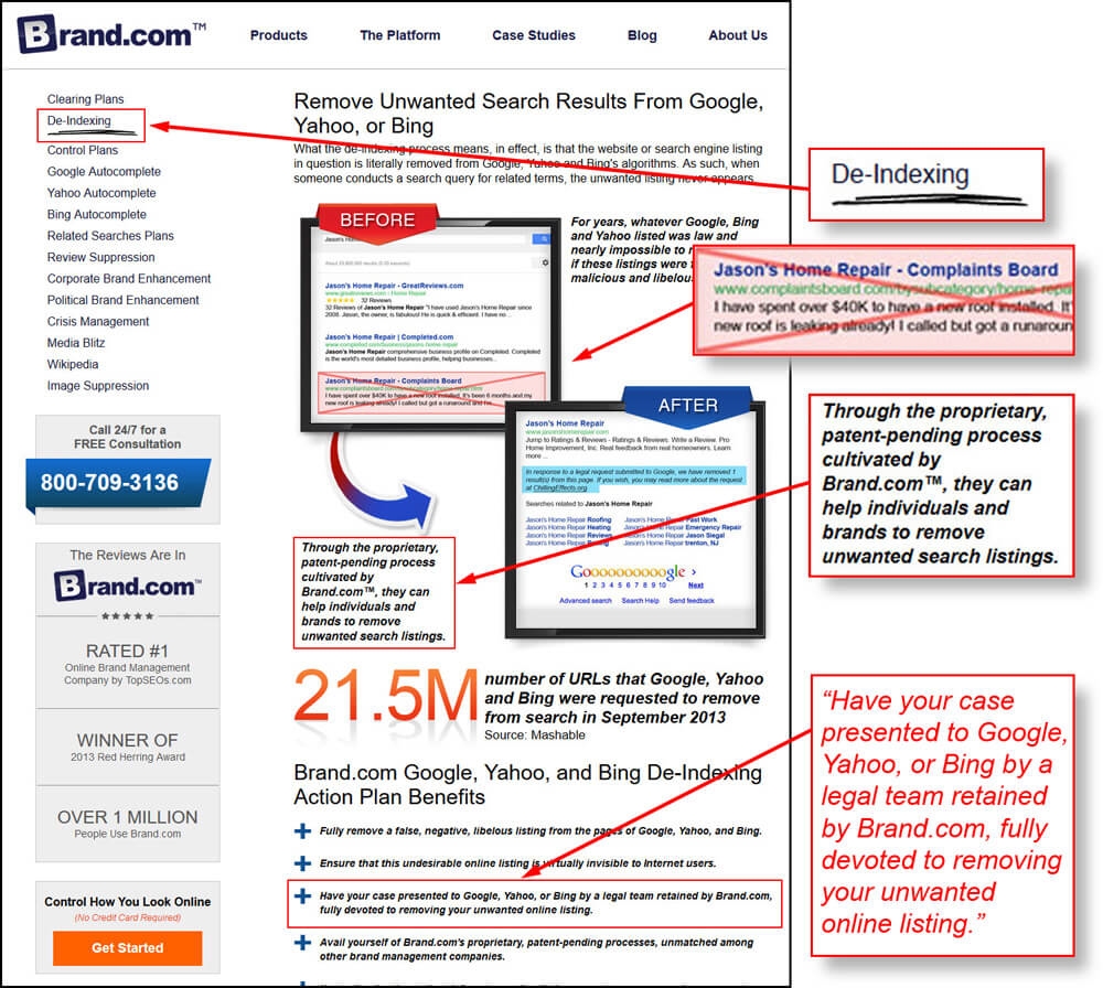 De-Indexing Services Page from the former Brand.com reputation management company | DeviceDaily.com