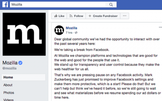 Mozilla Hits Pause On Facebook Ads, Cites User Data Policies