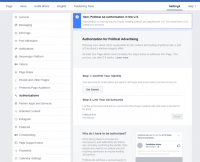 Facebook opens Authorization tab in Page settings for advertisers running political ads