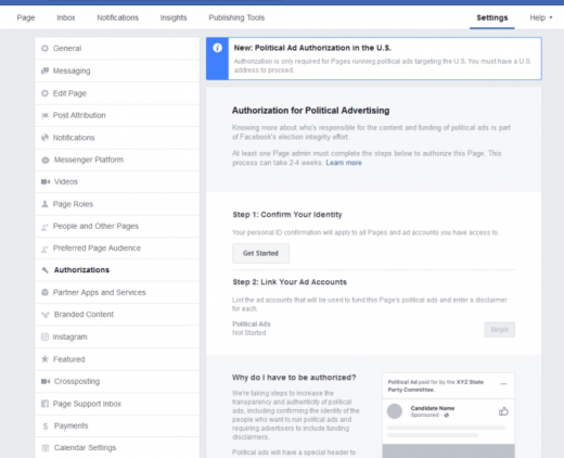 Facebook opens Authorization tab in Page settings for advertisers running political ads