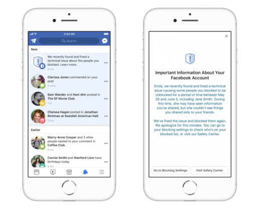 Facebook alerts 800K users that people they’d blocked may have been unblocked the 1st week of June