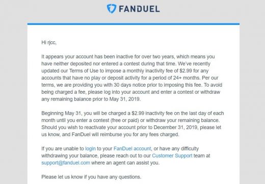 FanDuel applies a $3 inactivity fee to your old daily fantasy account