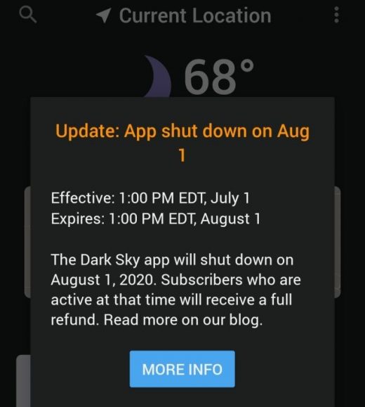 Android users can get Dark Sky weather updates for one more month