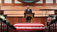 Barack Obama blasts attacks on voting rights during John Lewis’s funeral