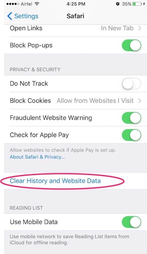 ipad safari clear history and website data