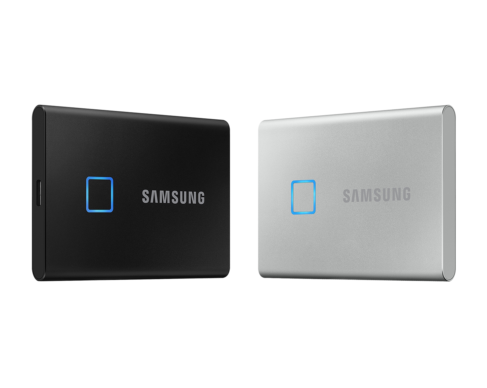 Samsung T7 Touch SSD in black and silver against a white background. | DeviceDaily.com