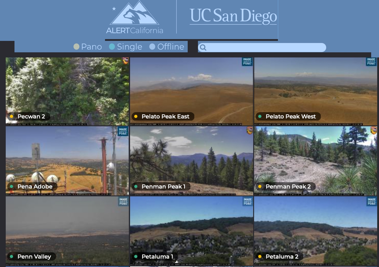 A small section of the 1,032 live camera feeds used in Cal Fire’s AI wildfire detection program. Nine feeds are visible, showing various forest and desert areas in the Golden State. | DeviceDaily.com