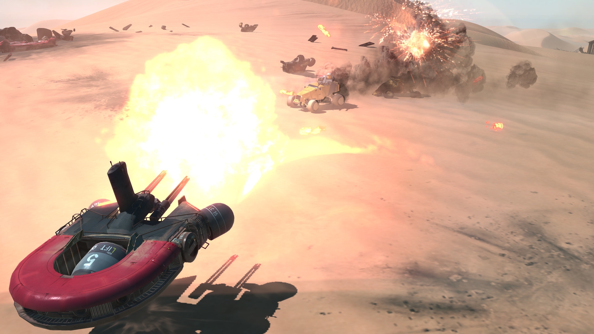 Promotional still from ‘Homeworld: Deserts of Kharak.’ A red tank with a U-shaped turret sends fiery blasts toward enemies in the distance. Desert environment, 2016 PC game graphics. | DeviceDaily.com