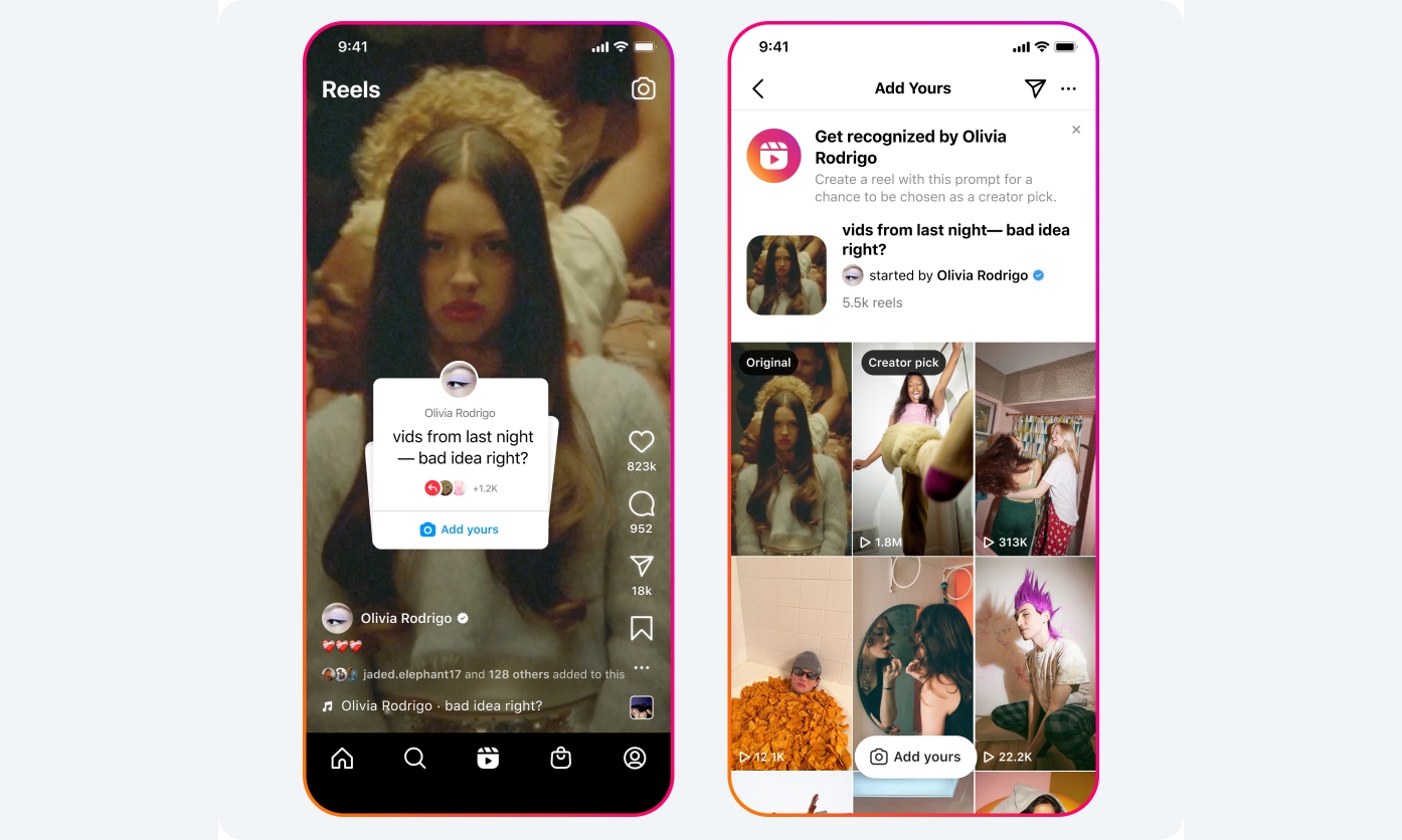 Promotional screenshots for Instagram’s new ‘Add yours’ feature. Pop star Olivia Rodrigo posts a party photo with the caption ‘vids from last night — bad idea right?’ on the left with follower reactions on the right. | DeviceDaily.com