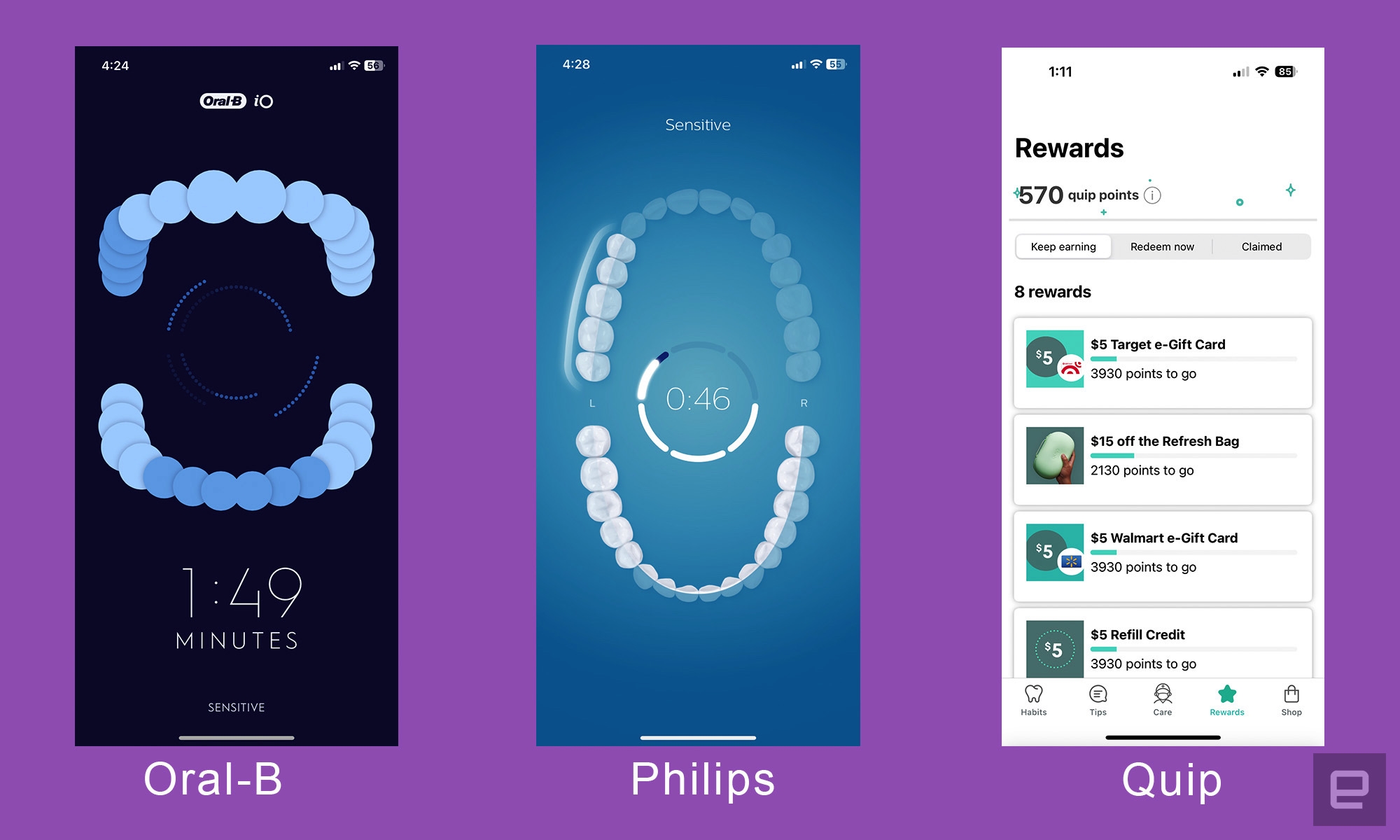 Three screenshots from the companion apps from Oral-B, Philips and Quip smart toothbrushes. The Oral-B and Philips app show a 3D model of teeth, while the Quip app offers gift card rewards for brushing. | DeviceDaily.com