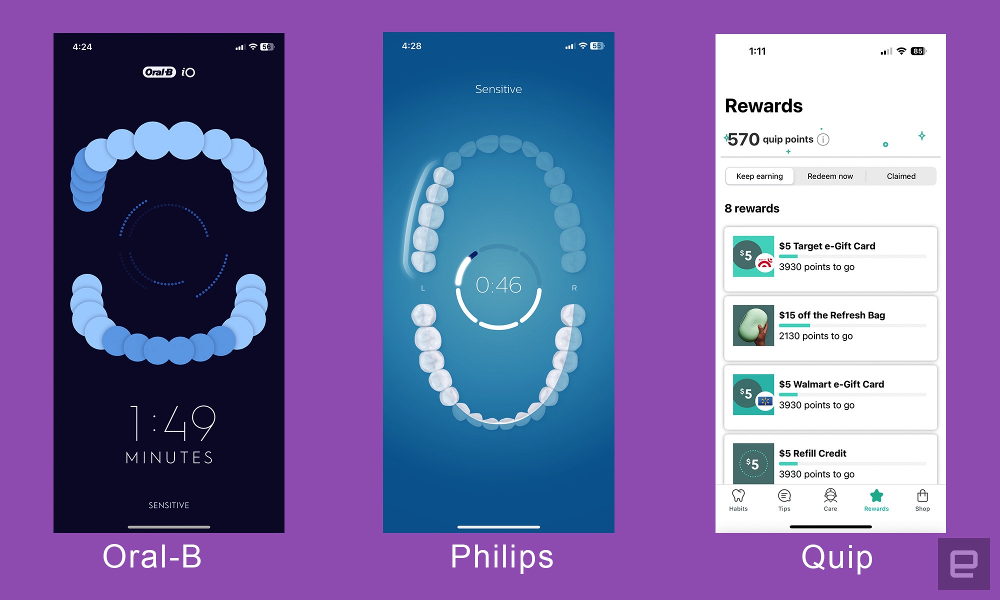 The best smart electric toothbrushes for 2023 | DeviceDaily.com Three screenshots from the companion apps from Oral-B, Philips and Quip smart toothbrushes. The Oral-B and Philips app show a 3D model of teeth, while the Quip app offers gift card rewards for brushing. | DeviceDaily.com