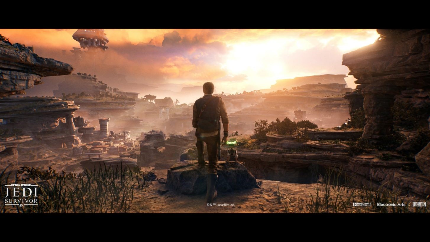 Media asset for the game 'Star Wars: Jedi Survivor,' showing the protagonist (Cal Kestis) standing in front of a vast landscape with jutting cliffs and old structures. View from behind the hero's back. | DeviceDaily.com