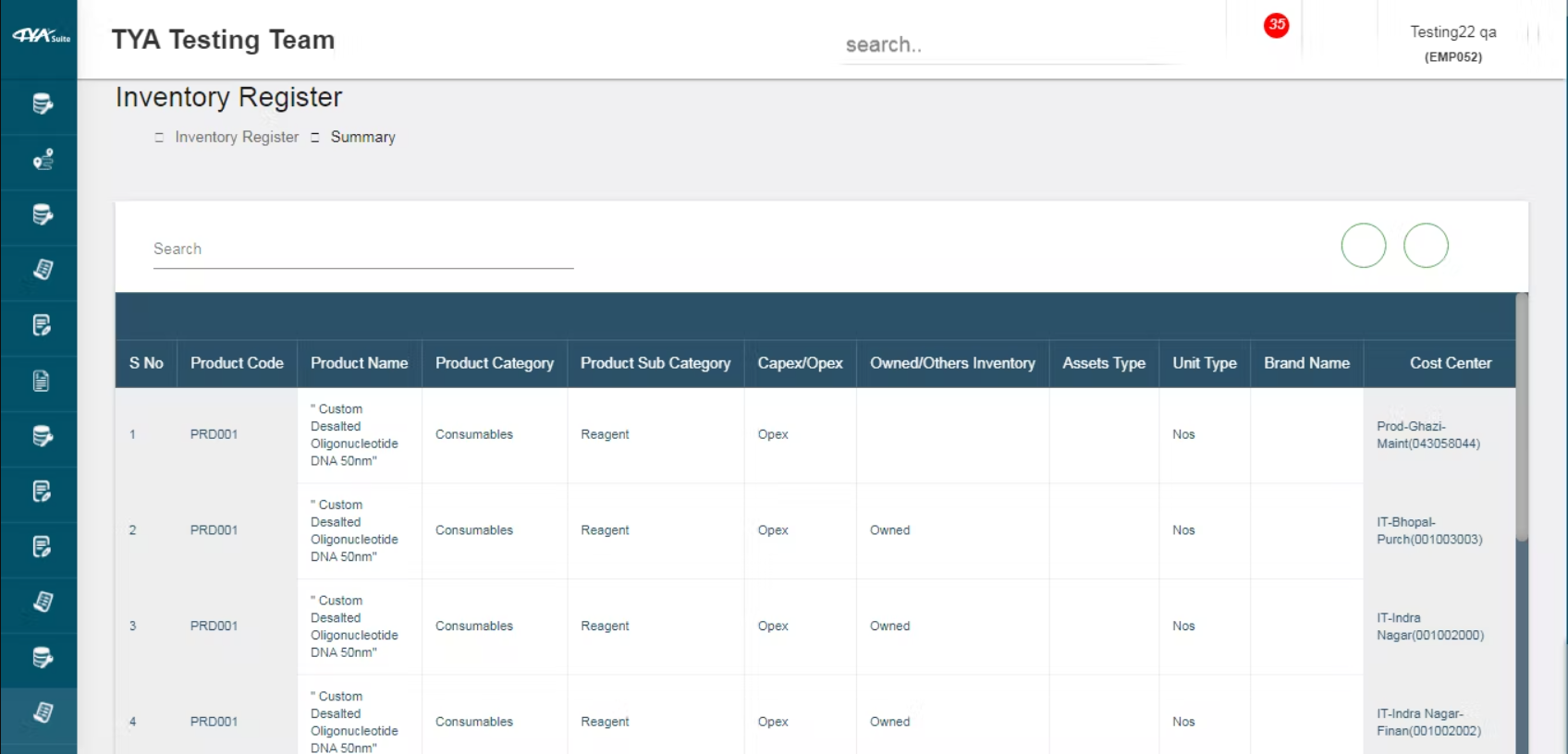 Inventory register showing product details in TYASuite | DeviceDaily.com