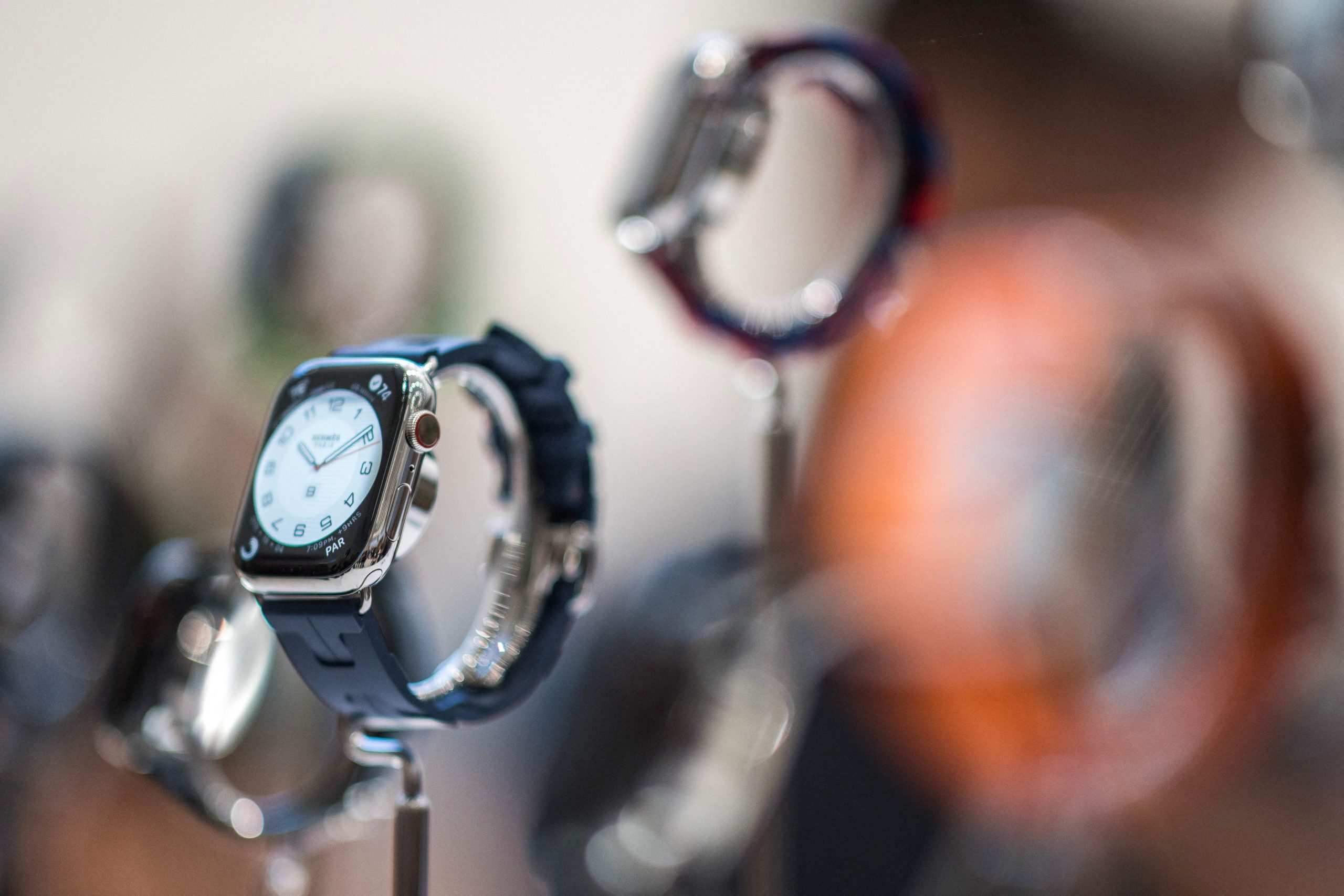 Apple Watch Series 9 models are displayed amongst other new products during a launch event at Apple Park in Cupertino, California, on September 12, 2023. (Photo by Nic Coury / AFP) (Photo by NIC COURY/AFP via Getty Images) | DeviceDaily.com
