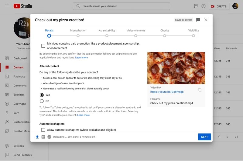 Screenshot of the YouTube Creator Studio including a question the asks the creator whether their video includes any digitally altered or synthetic content. | DeviceDaily.com