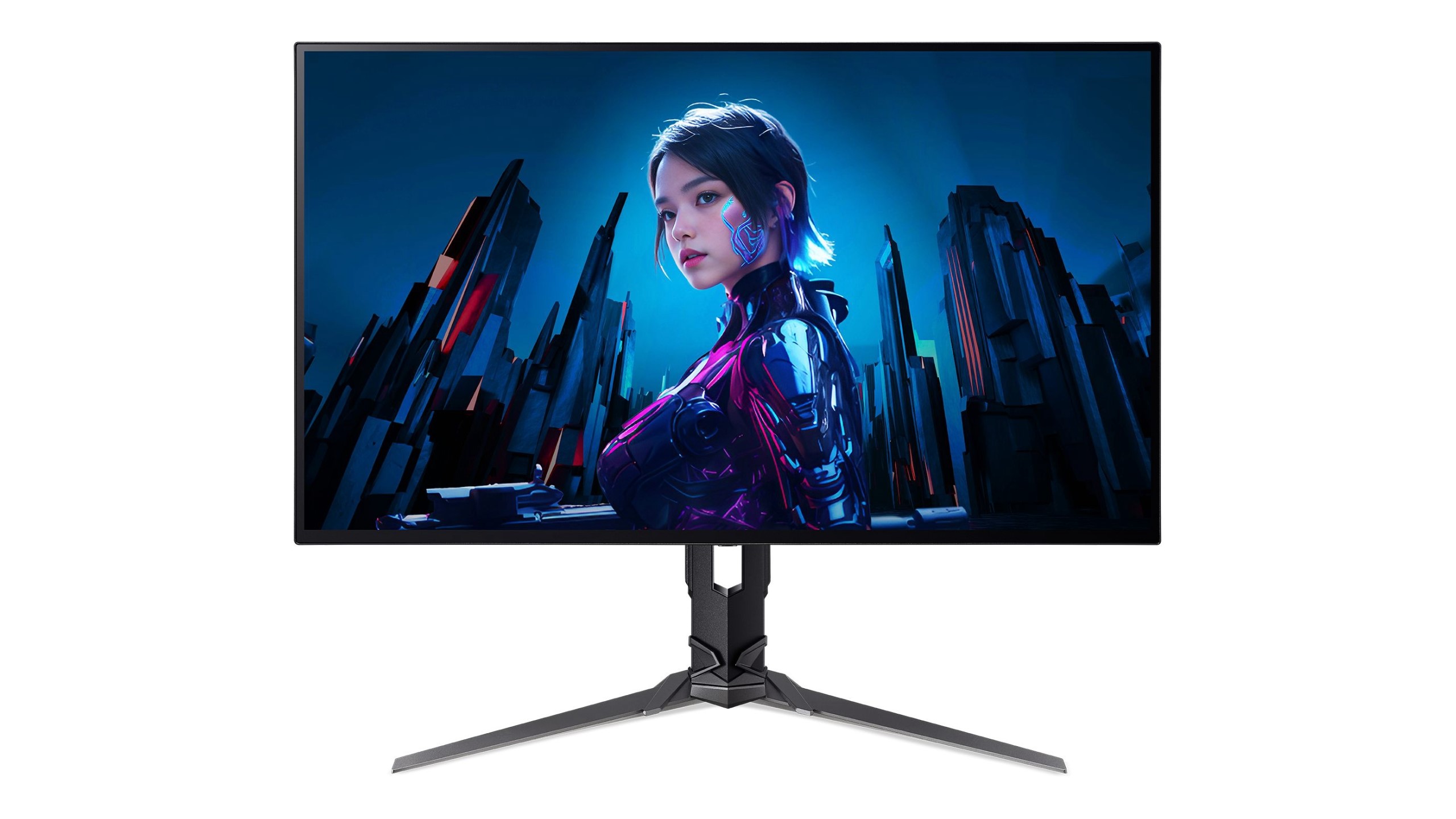 Acer's new gaming lineup includes an 18-inch AI laptop and a 720Hz monitor | DeviceDaily.com A large Acer gaming monitor with the illustration of a robot woman on it. | DeviceDaily.com