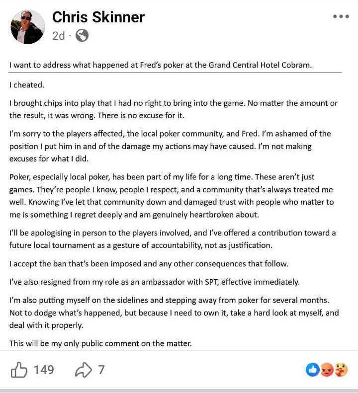 Chris Skinner steps down as brand ambassador of Southern Poker Tour after cheating scandal | DeviceDaily.com