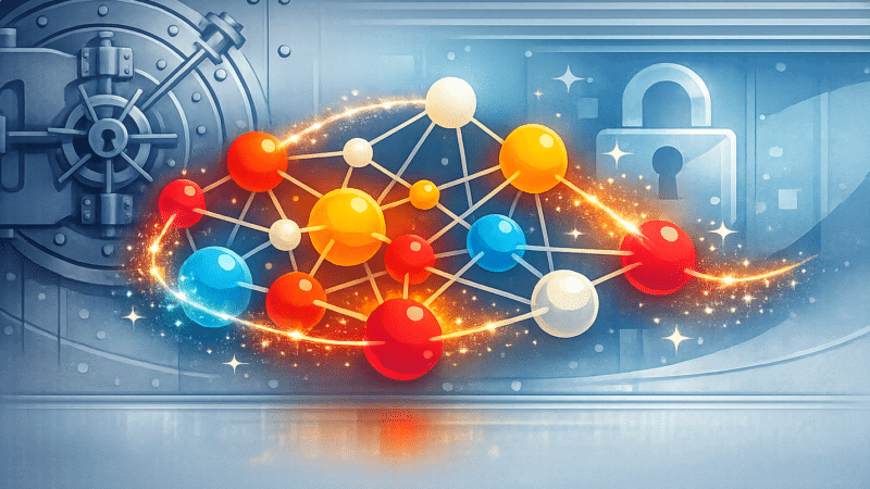 Sparkling balls of data interact in front of a vault and lock icons representing data clean rooms
