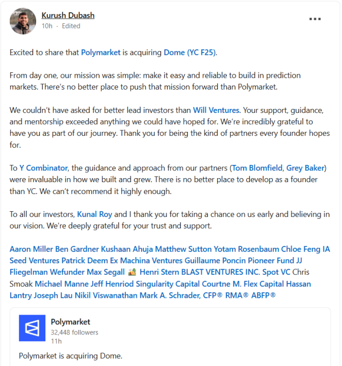 Polymarket acquires Dome to deepen prediction market infrastructure | DeviceDaily.com